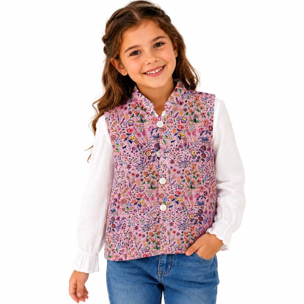 Avecga Girls Size 8 Pink Floral Brocade Vest Mandarin Collar Formal Holiday